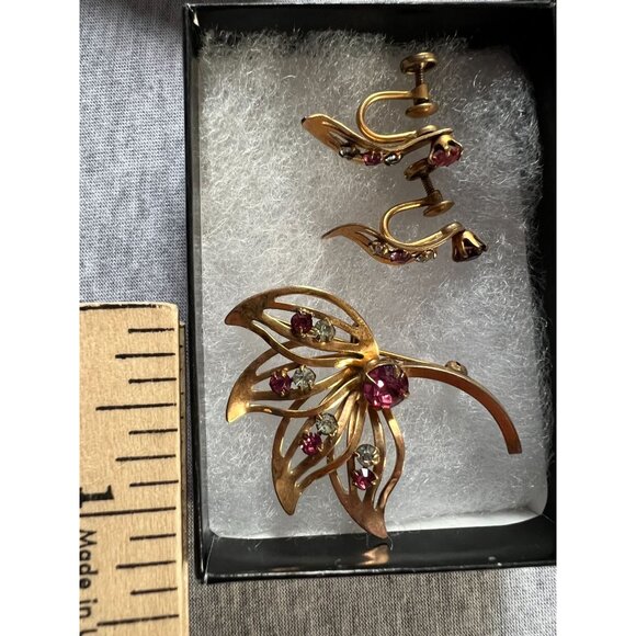 Vintage 50s GF Floral Brooch Earring Set 1/20 12K Rose Gold Filled Pink Clear St - Picture 8 of 10